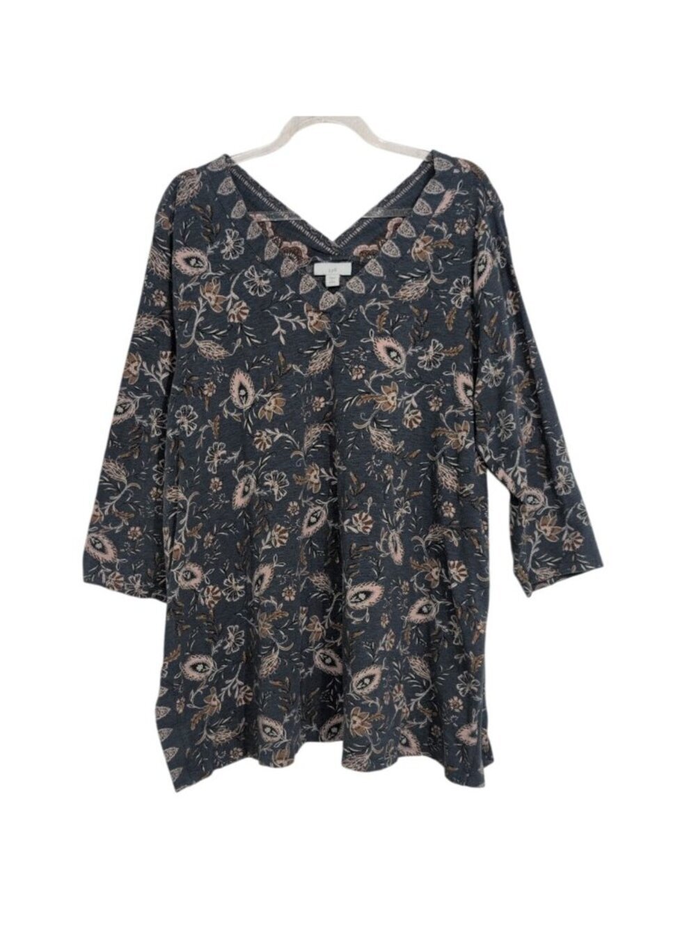 J Jill Blue Smoke Jacobean Trail Shirt Womens Petite Size Large Double V Neck